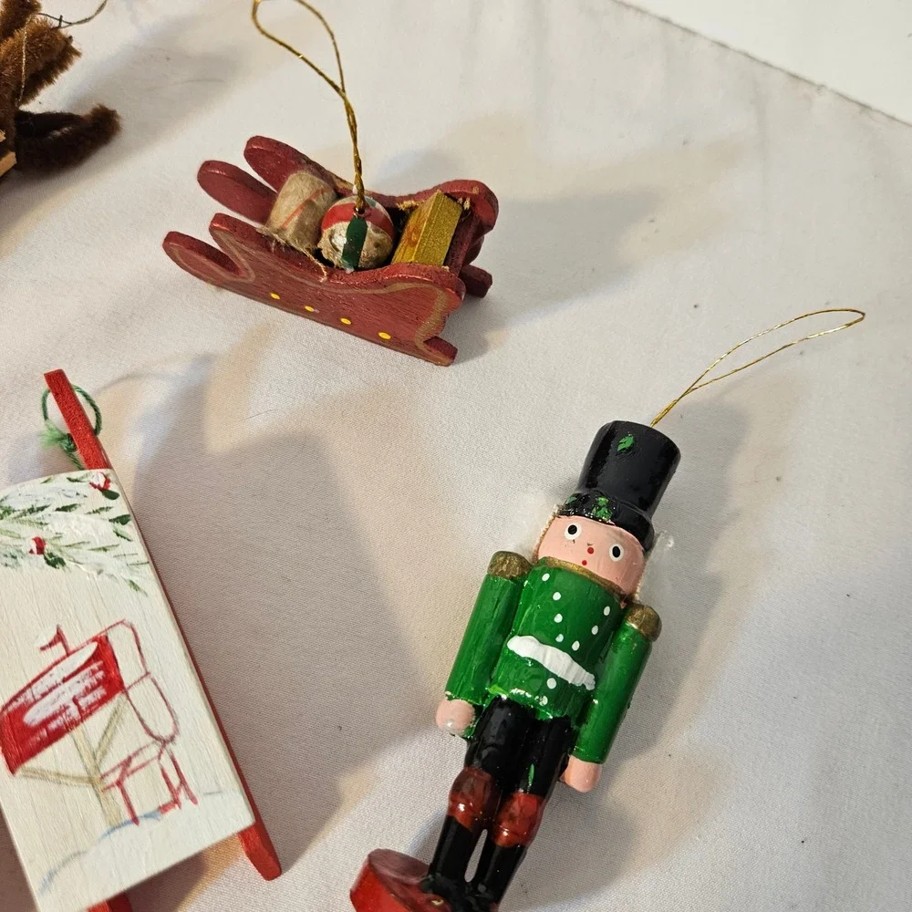 Vintage Wooden Christmas Ornaments Lot 10pc Rocking Horse Nutcracker Sled Taiwan